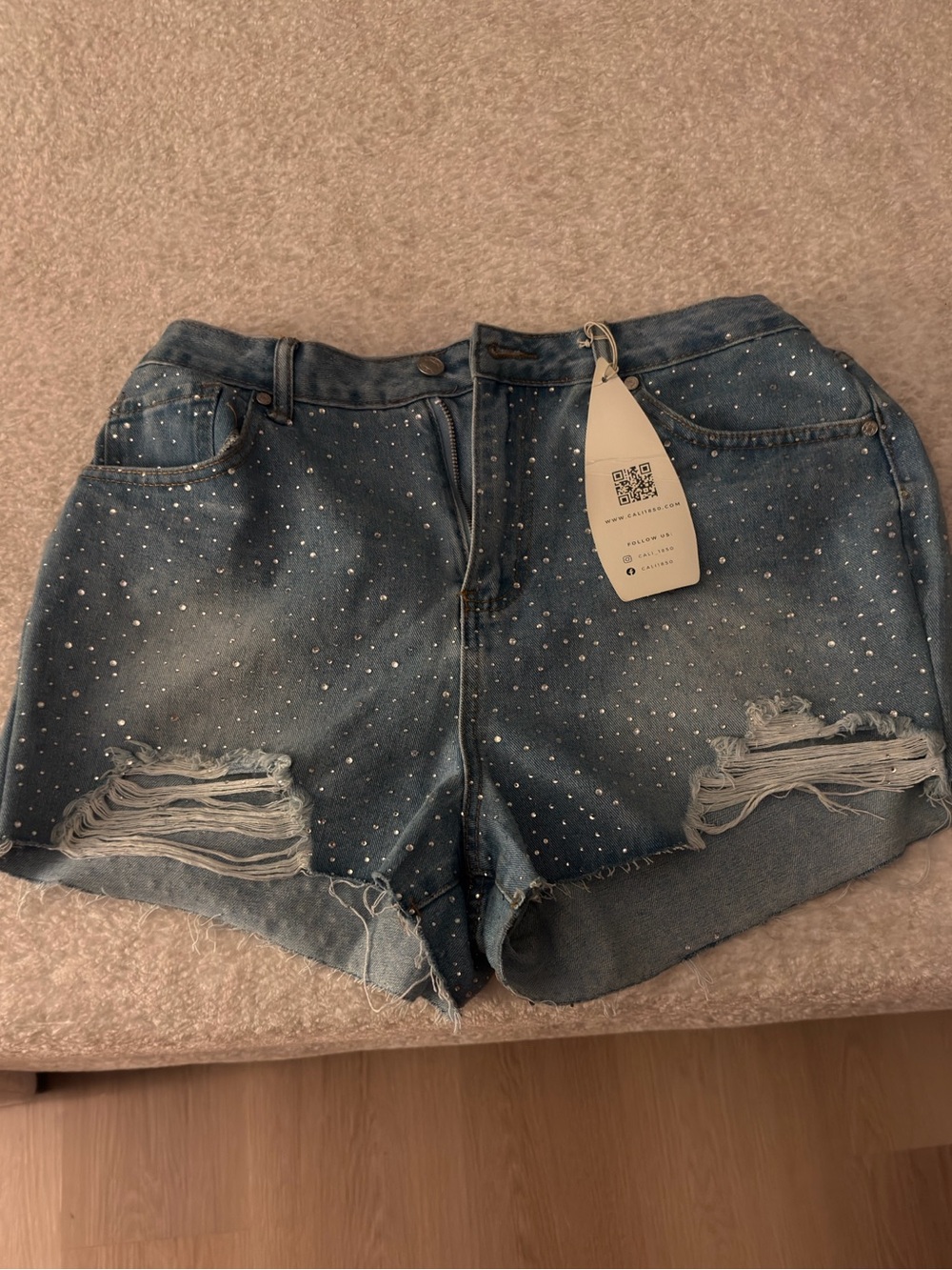 High-Rise Embellished Denim Shorts in Blue